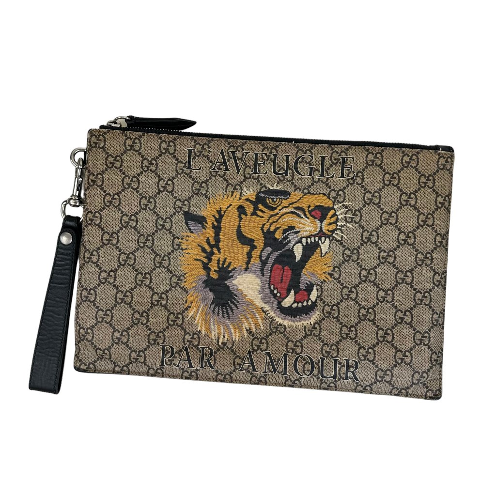 Gucci Supreme Monogram Tiger Wristlet Clutch